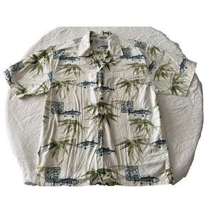 AFTCO Blue Water Button Down Medium Shirt Hawaiian White Bamboo w/Tuna Fish